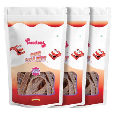 Sweetons Sour Cola Belt, Vegan Sugar-Coated Chewy Cola-Flavoured Candy Strips, Tangy Sour Belts,Imported candy,Pack of 3 (48gm Each)