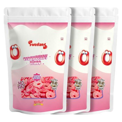 Sweetons Sour Strawberry Rings, Nonveg Jelly Candy with Tangy Strawberry Twist, Sugary Coated Chewy Rings, Fat Free & Glutenfree,Imported candy,Pack of 3 (50gm Each)