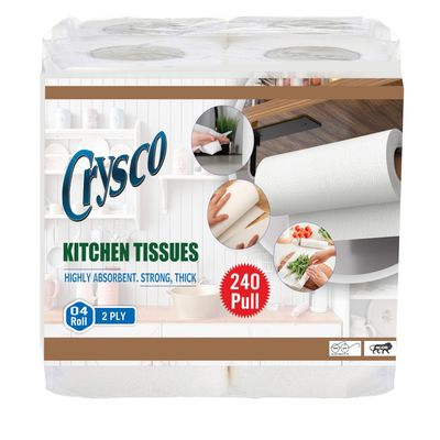 Crysco 2 Ply Kitchen Tissue Rolls Kitchen Towels Paper Roll | 240 Pulls | 60 Pulls X 4 Rolls | Soft and Highly Absorbant | 100% Natural Virgin