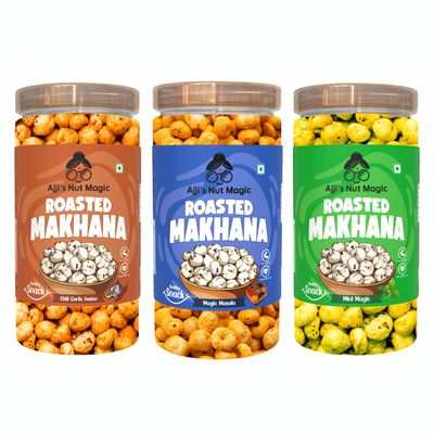 Ajji's Nut Magic Roasted Makhana Combo of Chilli Garlic, Magic Masala and Mint Magic | Flavored Healthy & Crunchy Snacks | Puffed Kernels Fresh Fox Nuts, Ready to Eat | Roasted Flavored Makhana Mix lotus seeds | Savory Snack, Crunchy & Flavorful (Pac