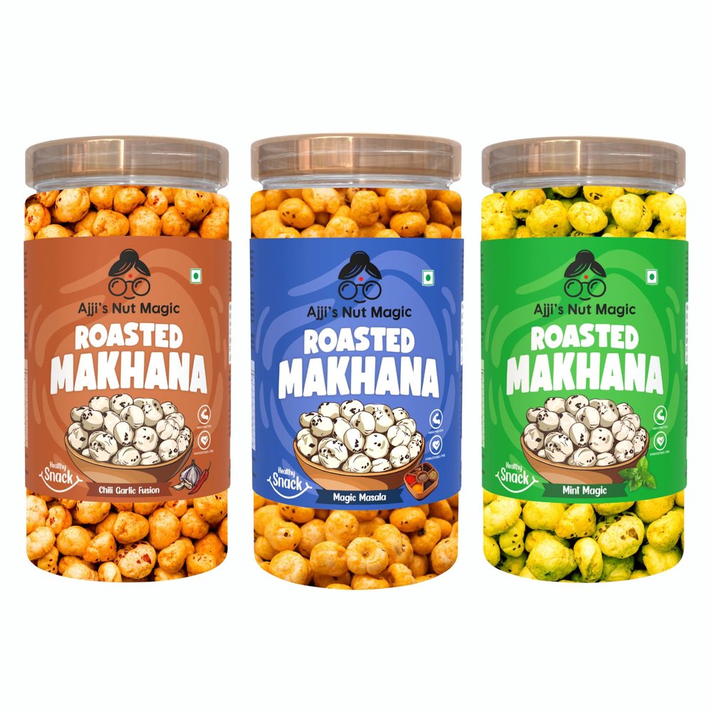 Ajji's Nut Magic Roasted Makhana Combo of Chilli Garlic, Magic Masala and Mint Magic | Flavored Healthy & Crunchy Snacks | Puffed Kernels Fresh Fox Nuts, Ready to Eat | Roasted Flavored Makhana Mix lotus seeds | Savory Snack, Crunchy & Flavorful (Pac
