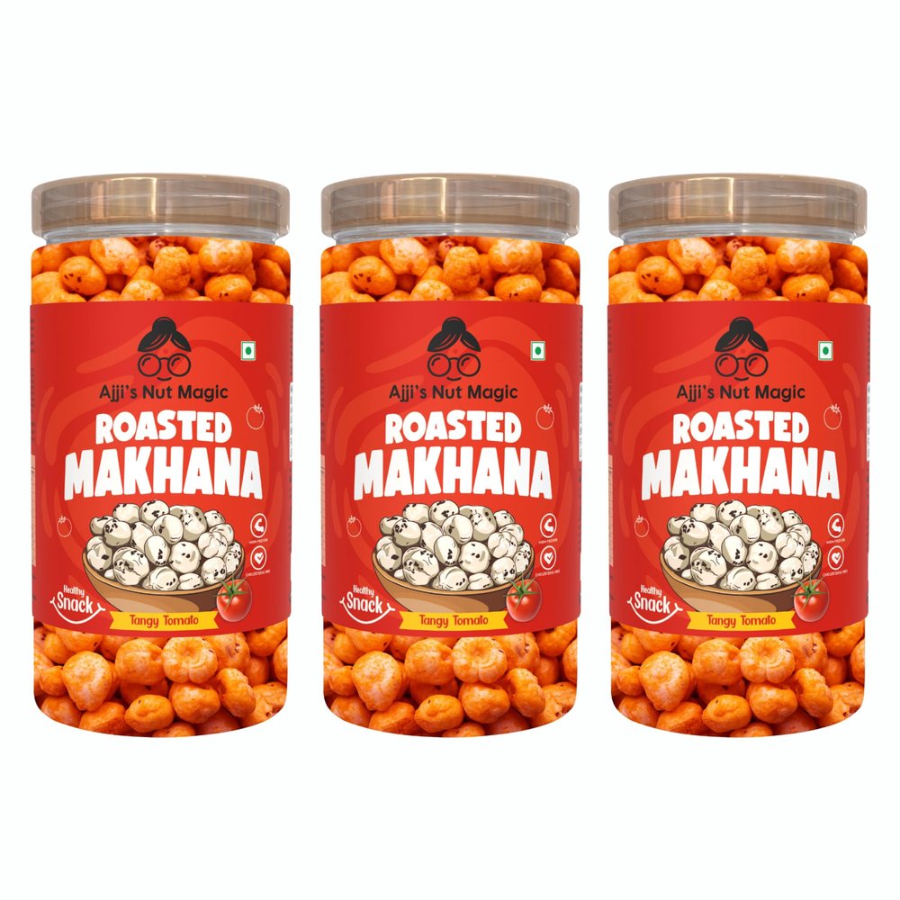 Ajji's Nut Magic Roasted Makhana Tangy Tomato | Flavored Healthy & Crunchy Snacks | Puffed Kernels Fresh Fox Nuts, Ready to Eat | Roasted Flavored Makhana Mix lotus seeds | Savory Snack, Crunchy & Flavorful (Pack of 3)-210g