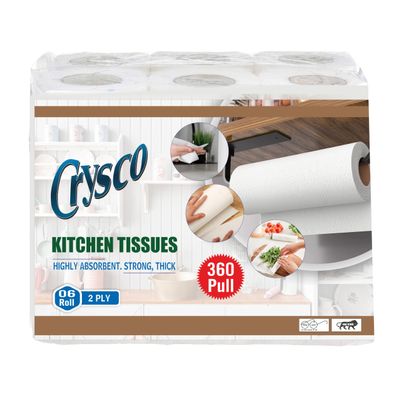 Crysco 2 Ply Kitchen Tissue Rolls Kitchen Towels Paper Roll | 360 Pulls | 60 Pulls X 6 Rolls | Soft and Highly Absorbant | 100% Natural Virgin