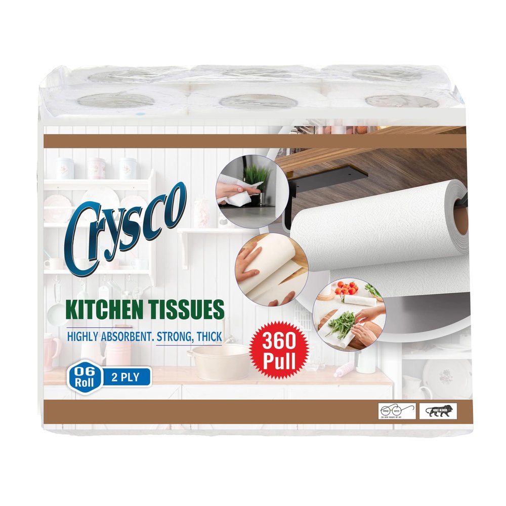Crysco 2 Ply Kitchen Tissue Rolls Kitchen Towels Paper Roll | 360 Pulls | 60 Pulls X 6 Rolls | Soft and Highly Absorbant | 100% Natural Virgin