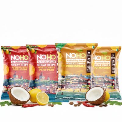 NoHo Wheat Chips | Peri Peri x2 & Podi Masala x2 (Pack of 4) | Healthy Baked, Not Fried | No Maida, No Palm Oil | Combo of 2 Flavours| Spicy and Tangy | Evening Snacks for Adults & Kids