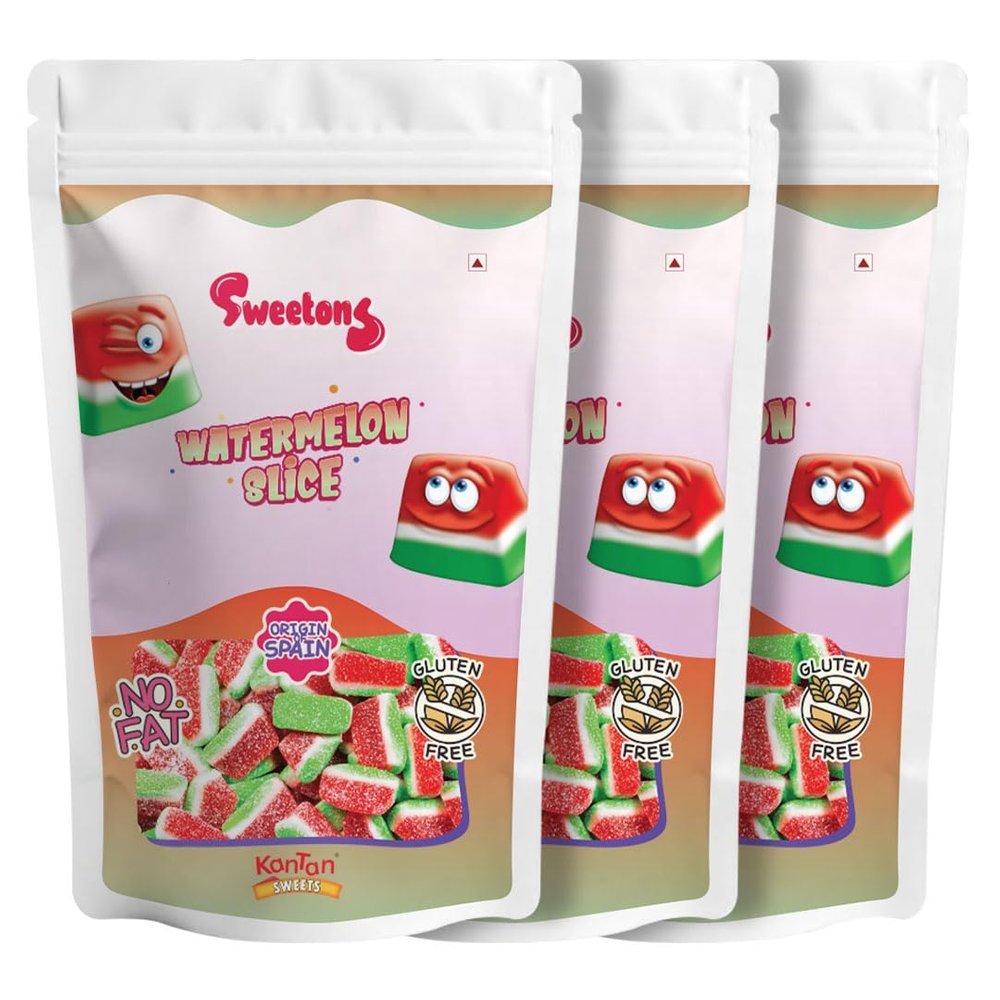 Sweetons Watermelon Slice Candy, NonVeg Sour Gummy Candies with Sugar Coating, Chewy Watermelon Treat, GlutenFree & Fat Free, Imported candy,Pack of 3 (50gm Each)