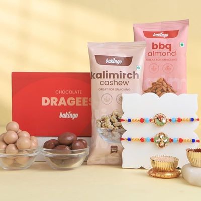 FlowerAura Premium Handcrafted Set Of 2 Floral Rakhi With BBQ Almonds, Kalimirch Cashew & Set of 2 Dragee Include Roli Chawal Set - Rakhi Gift Hamper For Brother, Bhai, Kids, Bhaiya, Cousins