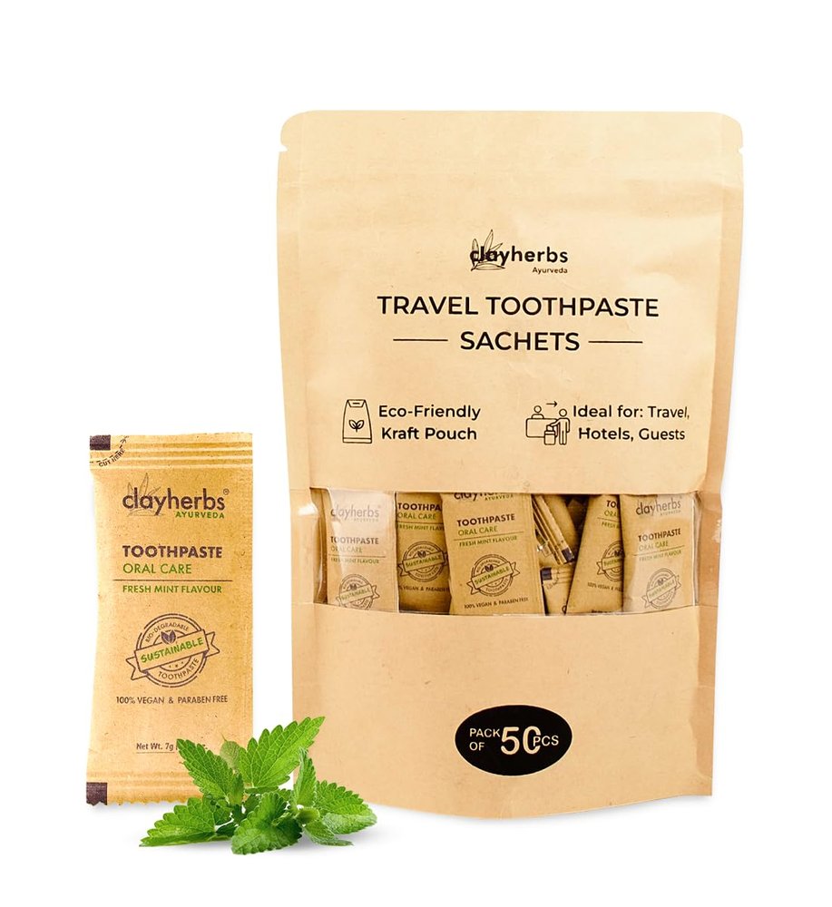 Clayherbs Travel Toothpaste Sachets Eco-Friendly Single-Use Natural Toothpaste in Kraft Pouch Ideal for Hotels, Travel, Guests & Events Herbal Formula (100)