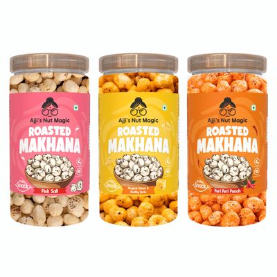 Ajji's Nut Magic Roasted Makhana Combo of Pink Salt, Magical Cheese and Peri Peri Punch Flavored Healthy & Crunchy Snacks | Puffed Kernels Fresh Fox Nuts, Ready to Eat | Roasted Flavored Makhana Mix lotus seeds | Savory Snack, Crunchy & Flavorful (Pa