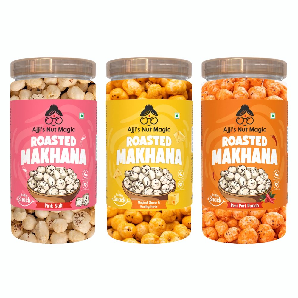 Ajji's Nut Magic Roasted Makhana Combo of Pink Salt, Magical Cheese and Peri Peri Punch Flavored Healthy & Crunchy Snacks | Puffed Kernels Fresh Fox Nuts, Ready to Eat | Roasted Flavored Makhana Mix lotus seeds | Savory Snack, Crunchy & Flavorful (Pa