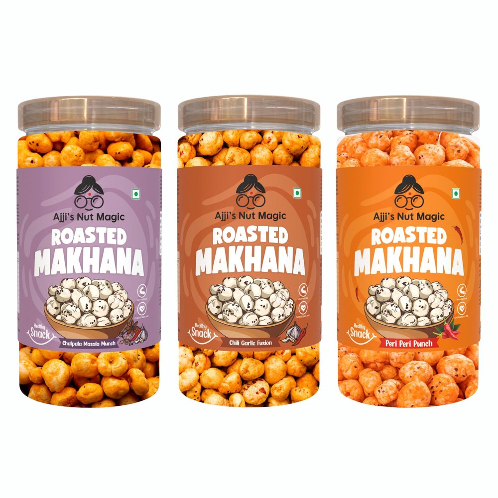 Ajji's Nut Magic Roasted Makhana Combo of Chatpata, Chilli garlic Fusion & Peri Peri Punch | Flavored Healthy & Crunchy Snacks | Puffed Kernels Fresh Fox Nuts, Ready to Eat | Roasted Flavored Makhana Mix lotus seeds | Savory Snack, Crunchy & Flavorfu