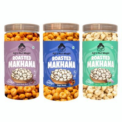 Ajji's Nut Magic Roasted Makhana Combo of Chatpata Masala, Magic Masala and Cream & Onion Delight | Flavored Healthy & Crunchy Snacks | Puffed Kernels Fresh Fox Nuts, Ready to Eat | Roasted Flavored Makhana Mix lotus seeds | Savory Snack, Crunchy & F