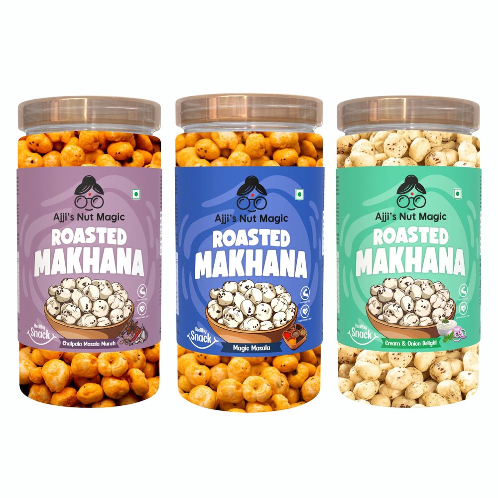 Ajji's Nut Magic Roasted Makhana Combo of Chatpata Masala, Magic Masala and Cream & Onion Delight | Flavored Healthy & Crunchy Snacks | Puffed Kernels Fresh Fox Nuts, Ready to Eat | Roasted Flavored Makhana Mix lotus seeds | Savory Snack, Crunchy & F