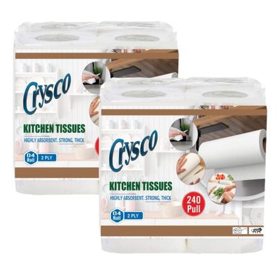 Crysco 2 Ply Kitchen Tissue Rolls Kitchen Towels Paper Roll | 480 Pulls | 60 Pulls X 8 Rolls | Soft and Highly Absorbant | 100% Natural Virgin