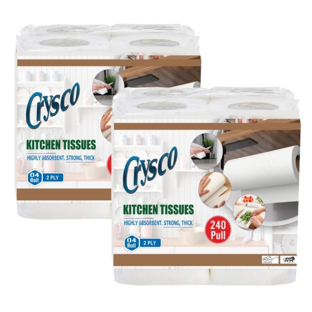 Crysco 2 Ply Kitchen Tissue Rolls Kitchen Towels Paper Roll | 480 Pulls | 60 Pulls X 8 Rolls | Soft and Highly Absorbant | 100% Natural Virgin