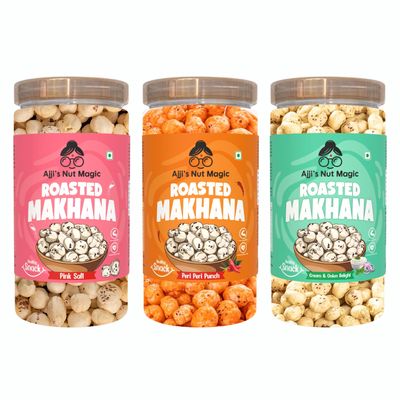 Ajji's Nut Magic Roasted Makhana Combo of Pink Salt, Peri Peri Punch and Cream & Onion Delight | Flavored Healthy & Crunchy Snacks | Puffed Kernels Fresh Fox Nuts, Ready to Eat | Roasted Flavored Makhana Mix lotus seeds | Savory Snack, Crunchy & Flav