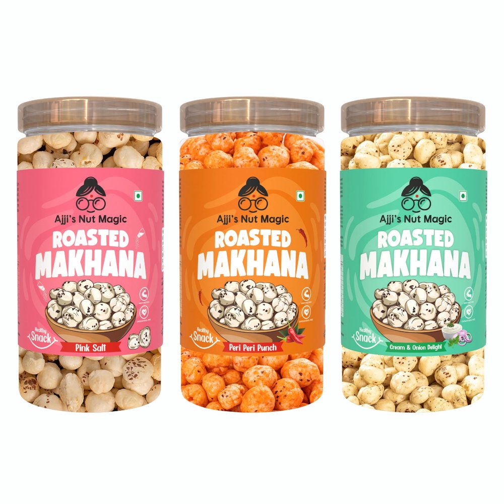 Ajji's Nut Magic Roasted Makhana Combo of Pink Salt, Peri Peri Punch and Cream & Onion Delight | Flavored Healthy & Crunchy Snacks | Puffed Kernels Fresh Fox Nuts, Ready to Eat | Roasted Flavored Makhana Mix lotus seeds | Savory Snack, Crunchy & Flav