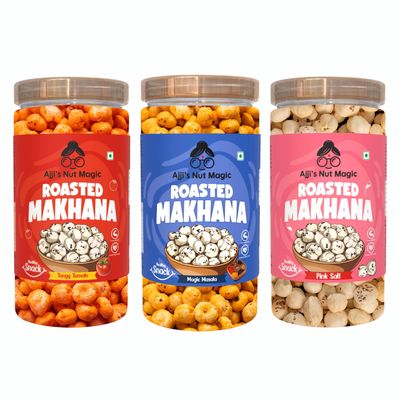 Ajji's Nut Magic Roasted Makhana Combo of Tangy Tomato, Magic Masala and Pink Salt | Flavored Healthy & Crunchy Snacks | Puffed Kernels Fresh Fox Nuts, Ready to Eat | Roasted Flavored Makhana Mix lotus seeds | Savory Snack, Crunchy & Flavorful (Pack 