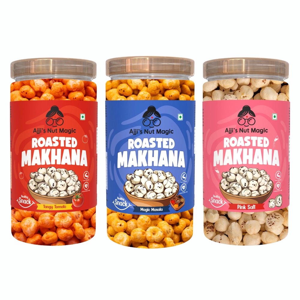 Ajji's Nut Magic Roasted Makhana Combo of Tangy Tomato, Magic Masala and Pink Salt | Flavored Healthy & Crunchy Snacks | Puffed Kernels Fresh Fox Nuts, Ready to Eat | Roasted Flavored Makhana Mix lotus seeds | Savory Snack, Crunchy & Flavorful (Pack 