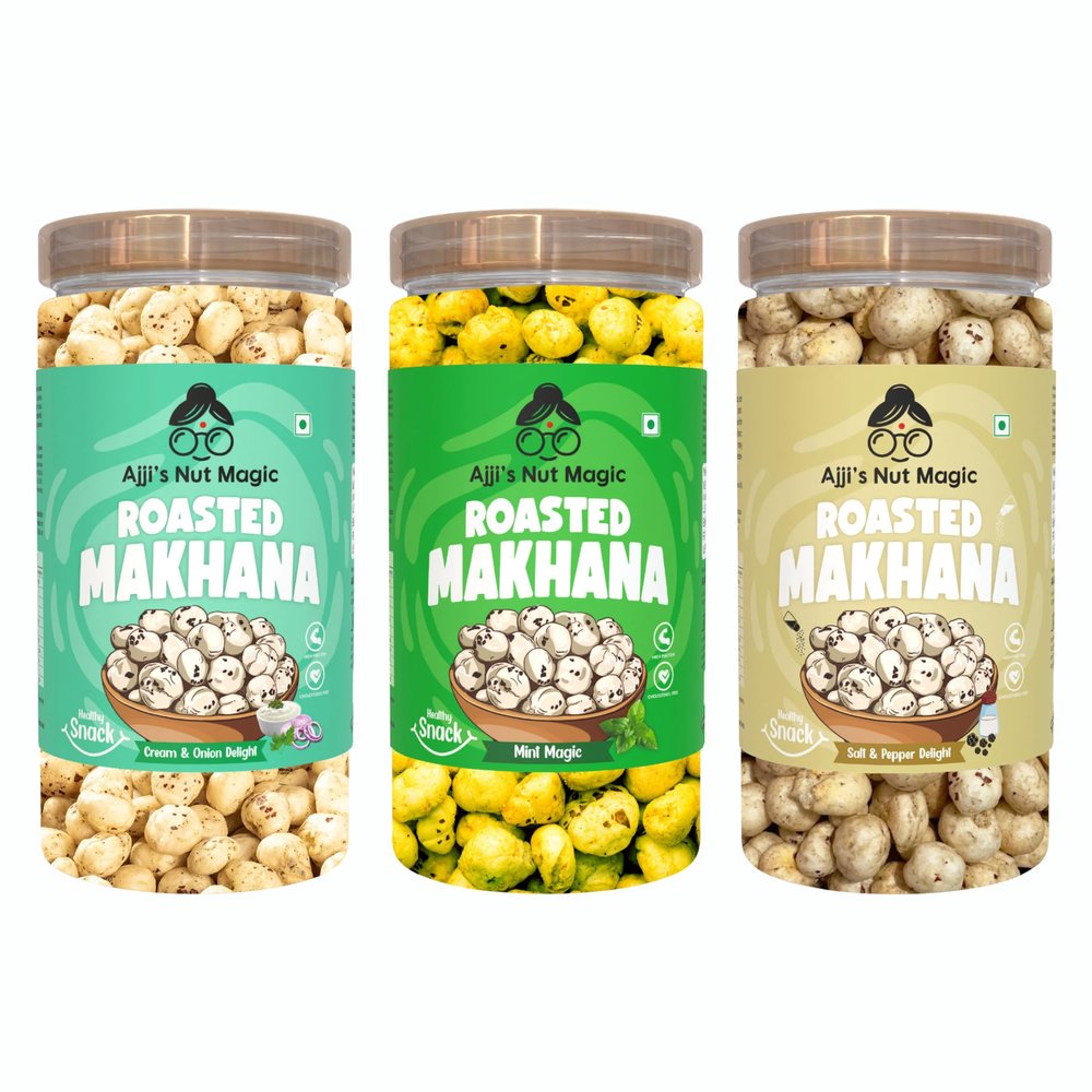 Ajji's Nut Magic Roasted Makhana Combo of Cream & Onion, Mint Magic and Salt & Pepper | Flavored Healthy & Crunchy Snacks | Puffed Kernels Fresh Fox Nuts, Ready to Eat | Roasted Flavored Makhana Mix lotus seeds | Savory Snack, Crunchy & Flavorful (Pa