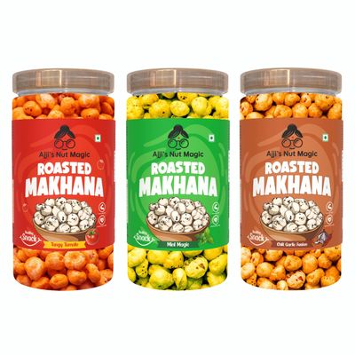 Ajji's Nut Magic Roasted Makhana Combo of Tangy Tomato,Mint Magic and Chilli Garlic Fusion Flavored Healthy & Crunchy Snacks | Puffed Kernels Fresh Fox Nuts, Ready to Eat | Roasted Flavored Makhana Mix lotus seeds | Savory Snack, Crunchy & Flavorful 