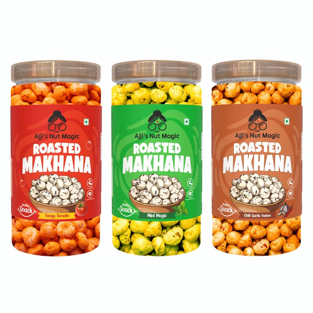 Ajji's Nut Magic Roasted Makhana Combo of Tangy Tomato,Mint Magic and Chilli Garlic Fusion Flavored Healthy & Crunchy Snacks | Puffed Kernels Fresh Fox Nuts, Ready to Eat | Roasted Flavored Makhana Mix lotus seeds | Savory Snack, Crunchy & Flavorful 