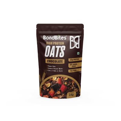 BondBites High Protein Chocolate Oats 1kg | 22g Protein, 0% Added Sugar | Rolled Oats with Natural Peanut Butter, Almonds, Nuts & Seeds | 12g Fibre | Healthy Breakfast Cereal for Energy & Muscle Recovery (1kg)