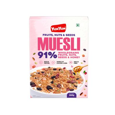 Yum Yum Muesli 91% with Fruits, Nuts & Seeds, Wholegrains & Honey 500g |7-In-1 Power Breakfast| Wholegrain Breakfast Cereal