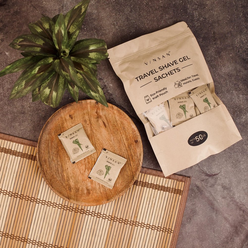 Clayherbs Pack-50 4gm Herbal Shave Gel Sustainable Travel Shaving Gel Sachets  Plastic-free, Biodegradable in Eco-Friendly Kraft Pouch  Ideal for Hotels, Guests, Travel Kits  Smooth Glide Formula