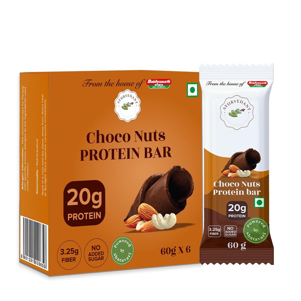 Ayurvedant Choco Nuts Protein Bar, 20g Protein, No Added Sugar, 60g x 6 Pack|From The House Of Baidyanath