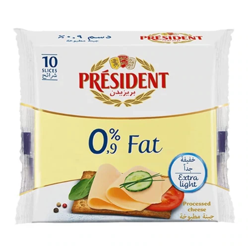 Presidents Extra Light Processed Cheese Slices, 0.9% Fat, 10 Slices 200g (From UAE)