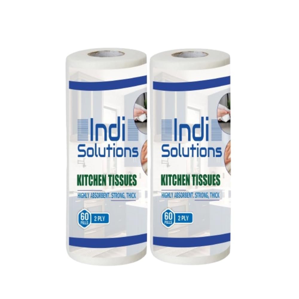 Indi Solutions 2 Ply Kitchen Tissue Rolls Kitchen Towels Paper Roll | 120 Pulls | 60 Pulls X 2 Rolls | Soft and Highly Absorbant | 100% Natural Virgin