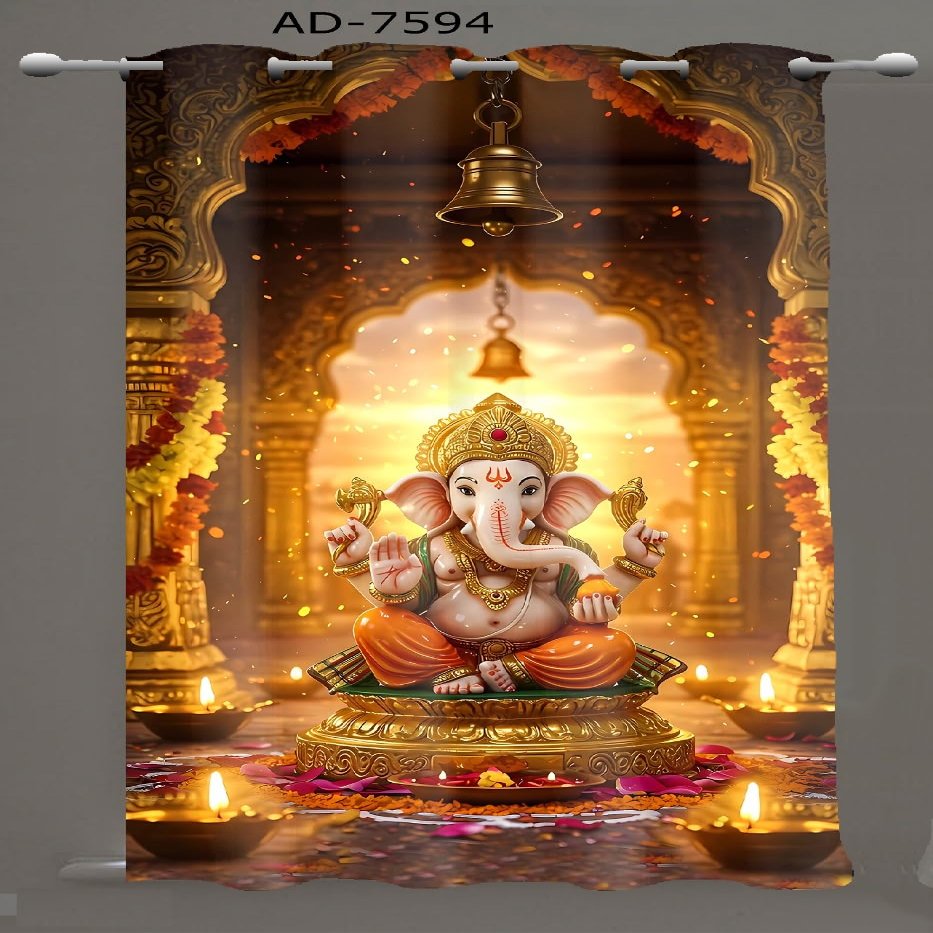 Neymo Polyester 3D Digital God Ganesh Printed Curtain | 4x5ft Temple Room Use | Spiritual Wall Divider | Decorative Prayer Curtain | Pack of 1