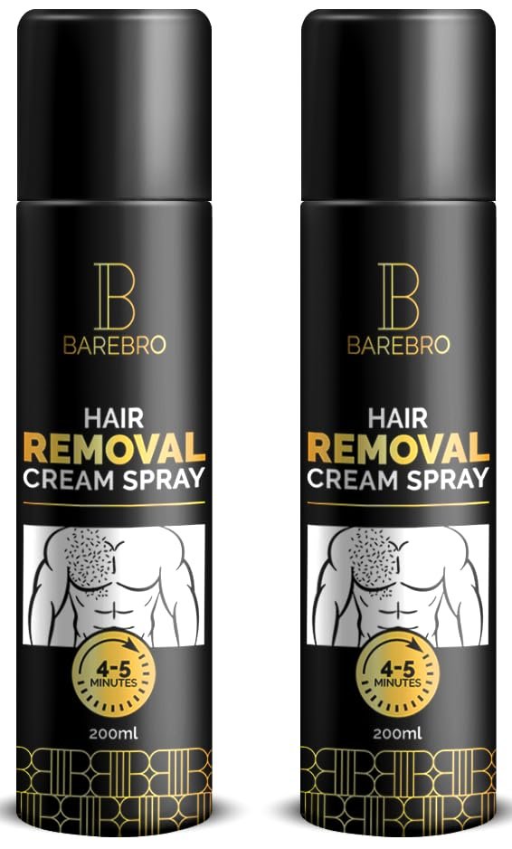 BareBro Hair Removal Cream Spray for Men | Painless Body Hair Removal for Chest, Back, Arms, Legs & Underarms | Fast-Acting, Pleasant Smell | No Razor, No Burn | 200ml | Pack of 2