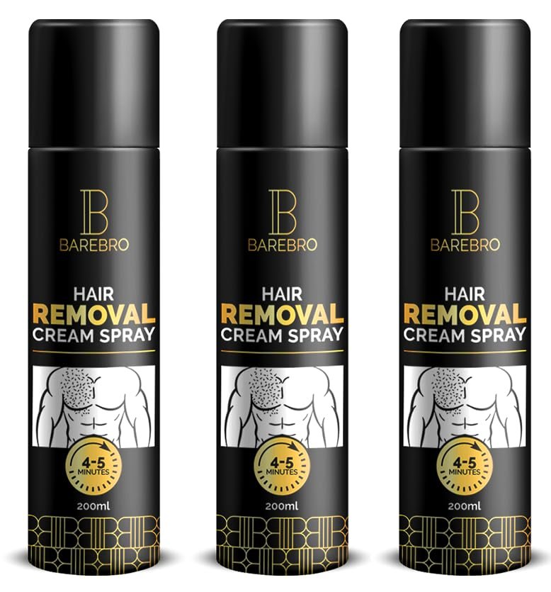 BareBro Hair Removal Cream Spray for Men | Painless Body Hair Removal for Chest, Back, Arms, Legs & Underarms | Fast-Acting, Pleasant Smell | No Razor, No Burn | 200ml | Pack of 3