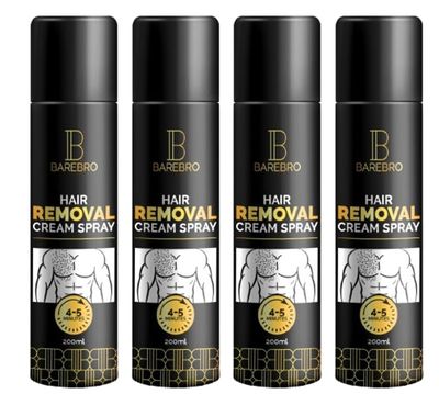 BareBro Hair Removal Cream Spray for Men | Painless Body Hair Removal for Chest, Back, Arms, Legs & Underarms | Fast-Acting, Pleasant Smell | No Razor, No Burn | 200ml | Pack of 4
