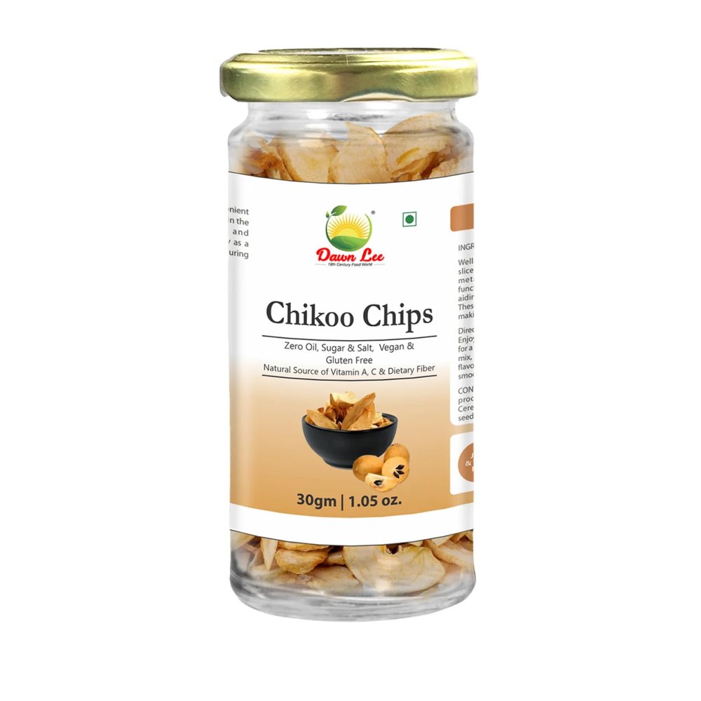 Dawn Lee Freeze Dried Chikoo Chips Slices | 30g Glass Jar | 100% Natural fruit, Rich in Vitamins, No Preservative, No Added Sugar, Not Frozen | Healthy, Tasty, Gluten Free Snack for Kids and Adults