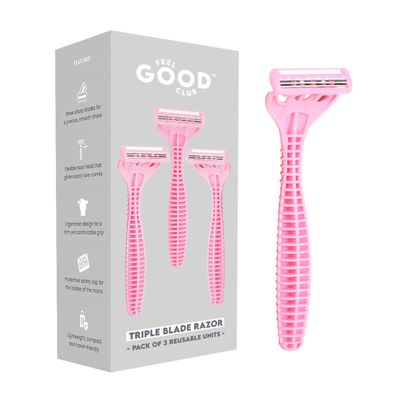 Feel Good Club Triple Blade Razors for Women Pack of 3 Reusable Body Hair Shavers with Ergonomic Handle and Pivoting Head for Legs Arms Underarms Bikini Grooming Routine