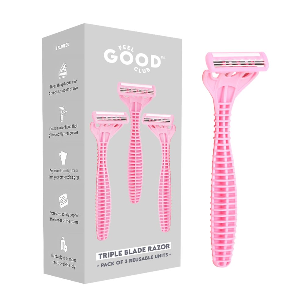 Feel Good Club Triple Blade Razors for Women Pack of 3 Reusable Body Hair Shavers with Ergonomic Handle and Pivoting Head for Legs Arms Underarms Bikini Grooming Routine