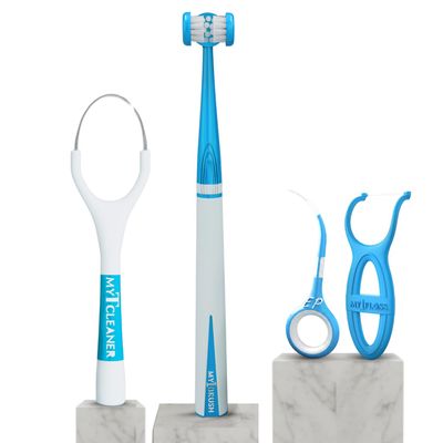 MyOrl Care Dental Care Kit | Combo Pack of Soft Toothbrush, Dental Floss, Stainless Steel Tongue Cleaner, Interdental Toothpick | Complete Oral Care | All in One Pack (Blue)
