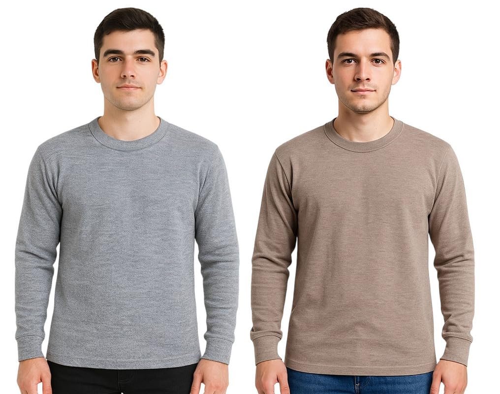 Winter Thermal Top for Men in Cotton Blend | Round-Neck Men's Inner Thermal Wear | Full Sleeves and Snug Fit | Premium Thermal Vest for Men | Pack of 2 Brown-Grey