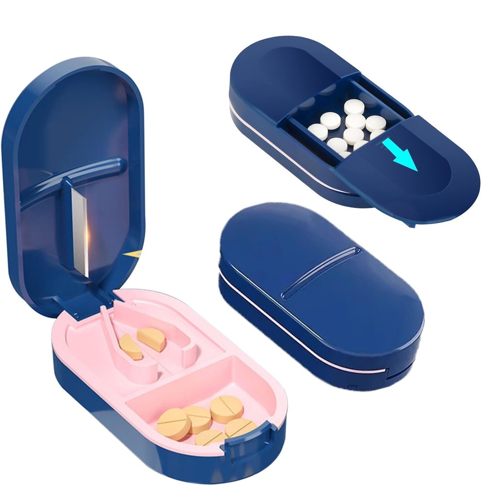 CRESSNOVA Pill Box Tablet Box for Medicine | Pill Organizer, Pill Cutter for Tablets of Any Size | Tablet Cutter Organizer | Portable Medicine Organiser for Travel, Daily Use (Blue)