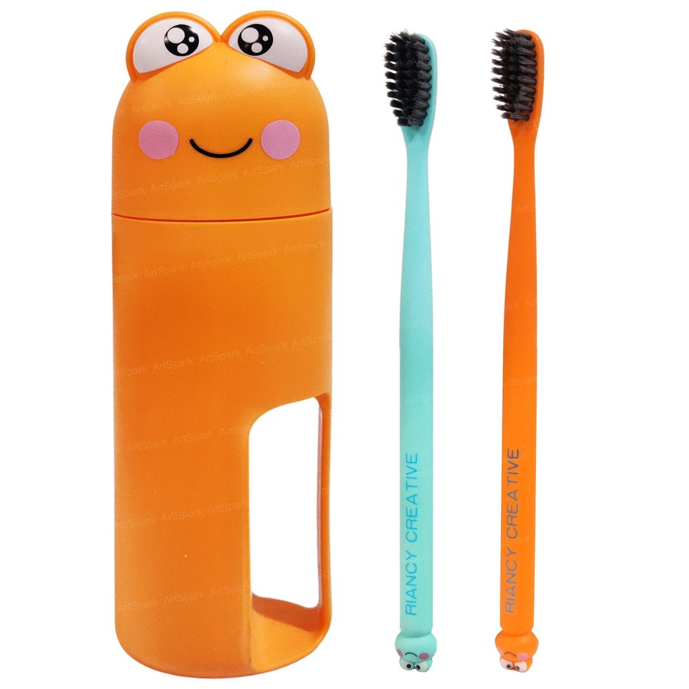 ArtSpark Cute Frog Design Kids Toothbrush Set with Holder Ultra Soft Bristles, Travel-Friendly, 2 Pcs Toothbrush + 1 Holder Cup, Perfect for Travel (Random Color)