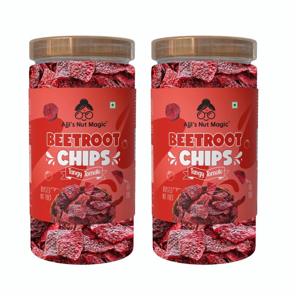 Ajji's Nut Magic Beetroot Chips Tangy Tomato 300g (Pack 2) | Healthy Vegan Snack | Gluten-Free, Low-Calorie | Light & Crispy Chips | high protein | Natural ingredients, Vegan | No Artificial Preservatives, Trans Fat Free, Low Calorie | Perfect for Sn