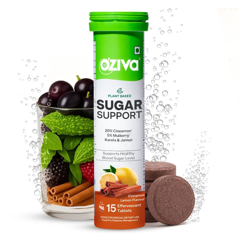 OZiva Sugar Support Effervescent | Supports Daily Blood Sugar Management & Insulin Function | Reducose, Cinnamon, Jamun, Karela, Gymnema - 15 Tablets