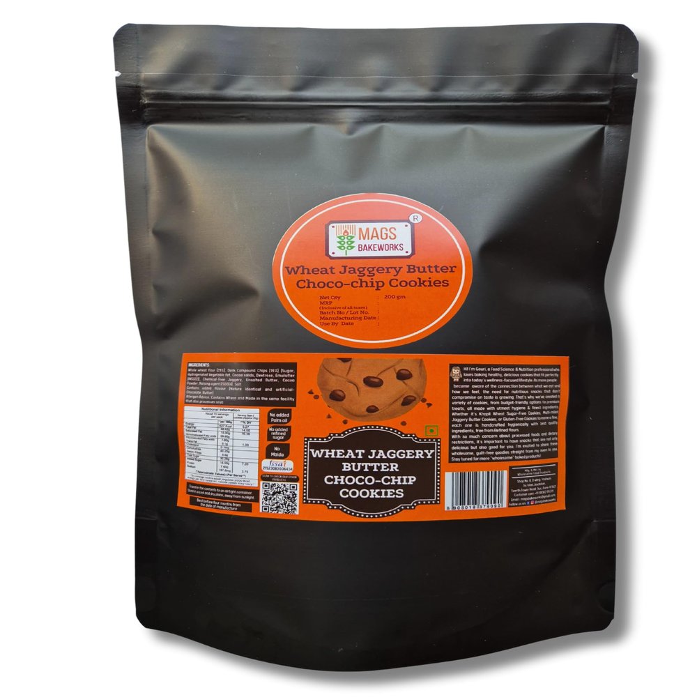 Mags Bakeworks Wheat Jaggery Choco Chip Cookies Healthy Whole Wheat Cookies with Jaggery & Chocolate Chips | No Maida, No Refined Sugar, No Palm Oil (200g)