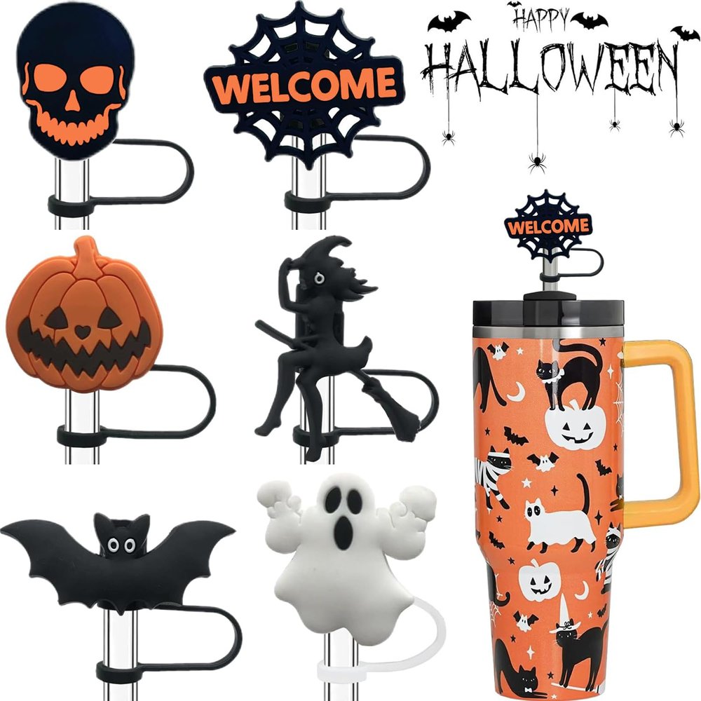 6 Pack Halloween Straw Cover, Reusable Silicone Straw Topper for Stanley, Straws Cap for Sipper Straws Cover Cap for Stanley Cup Accessories for 30&40oz Tumbler Cup Halloween Decoration