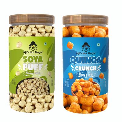 Ajji's Nut Magic Combo of Soya Puff Creamy Onion & Quinoa Crunch Cheese & Herbs | Healthy Millet Snacks | Healthy Slow Roasted Tasty Snacks | Puffed Kernels | Ready to Eat | 0 Preservatives | Naturally Gluten Free | No added Sugar, No Trans-Fat | Sav