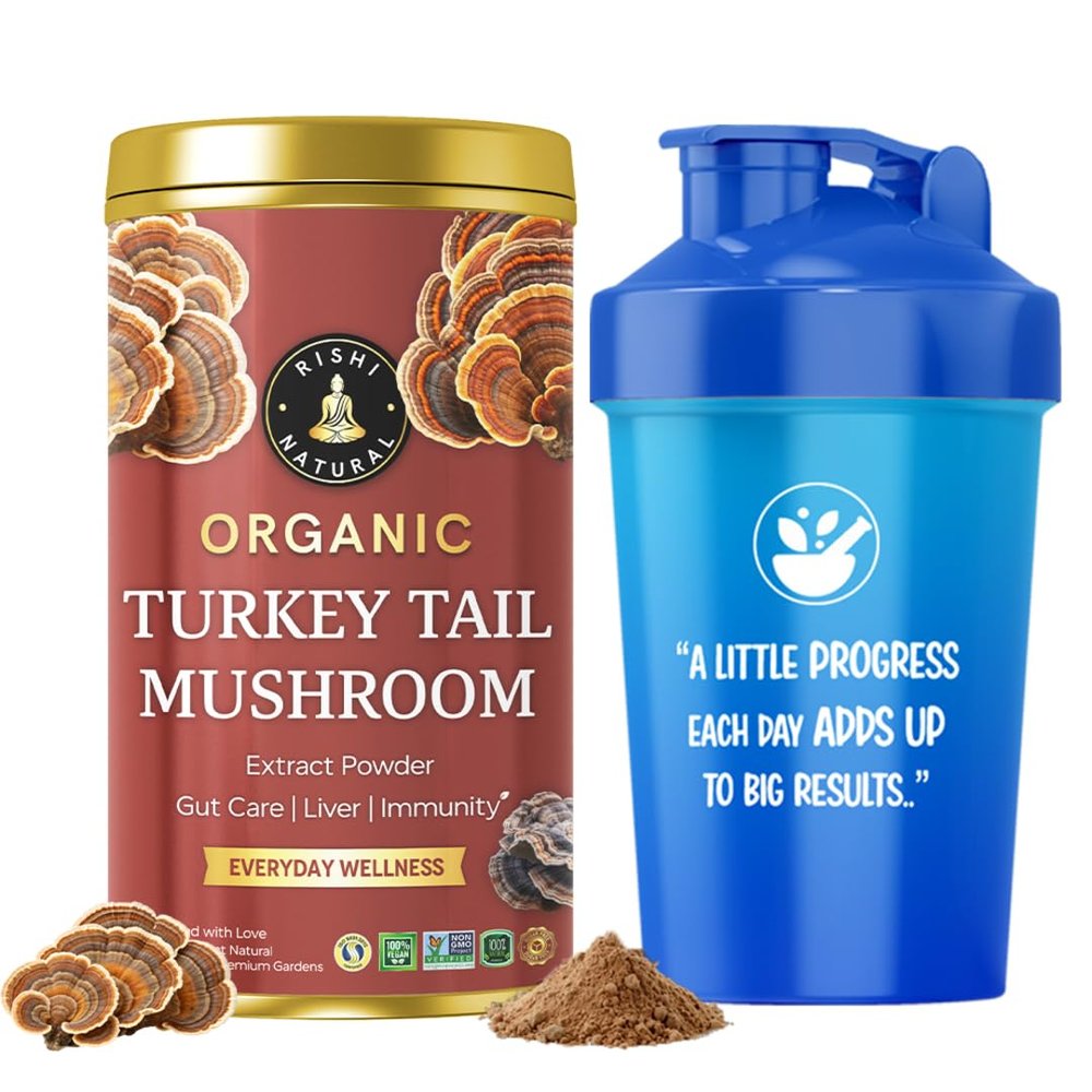 Rishi Natural Turkey Tail Organic Mushroom Powder (50 gram + Shaker) Supports Gut Health & Strengthens Immunity | Nutrient-Dense, Naturally Dried Mushrooms | Rich in Beta-Glucans
