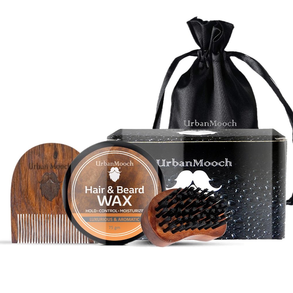 UrbanMooch 3-in-1 Beard Grooming Kit for Men | Rakhi Gift for Brother | Beard Brush, Beard Wax & Wooden Beard Comb for Daily Beard Grooming & Care | Gifts for Men